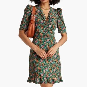 Sandro Autumn Flower Print Floral Puff Women’s 34 0 2 XS S Green Jeweled Dress
